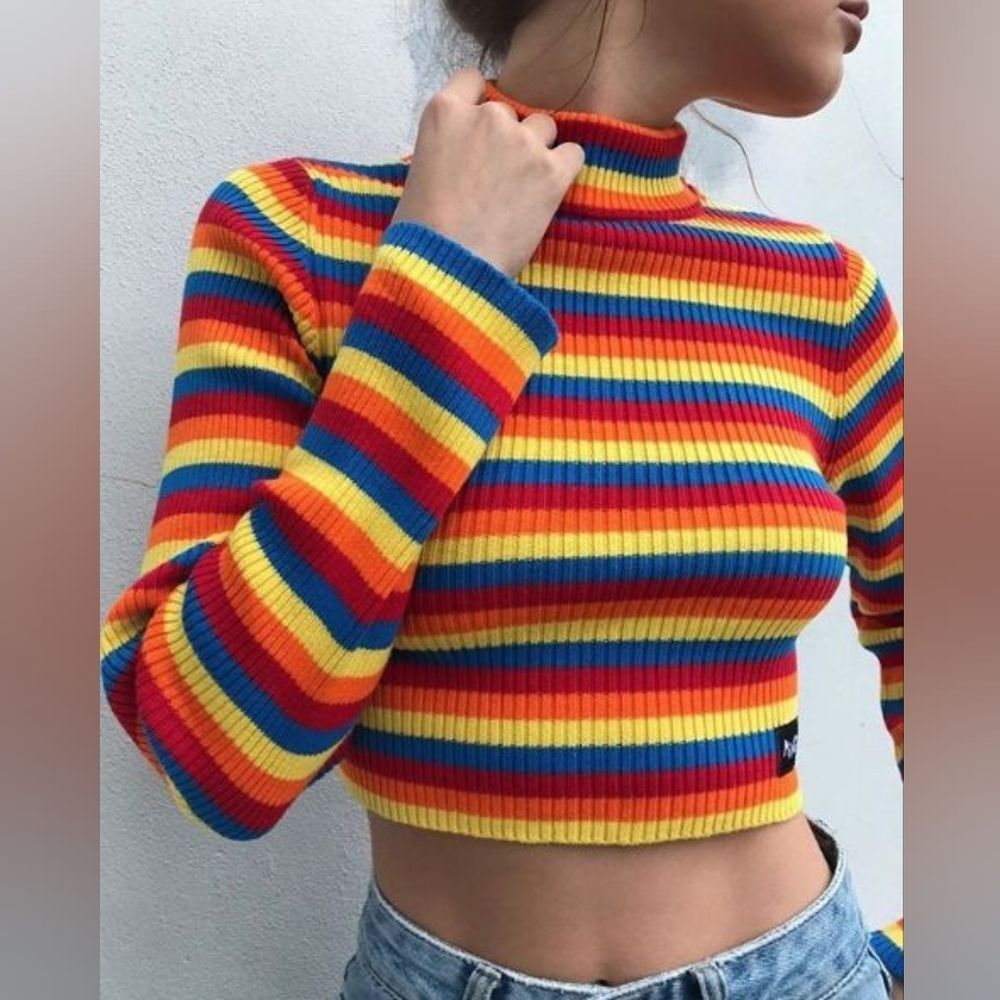 Minga London Rainbow Mock Neck Striped Ribbed Cropped Sweater
